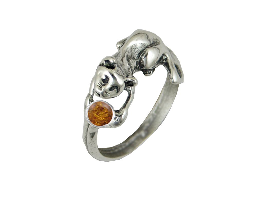 Sterling Silver Kitty Cat Ring With Amber Size 5